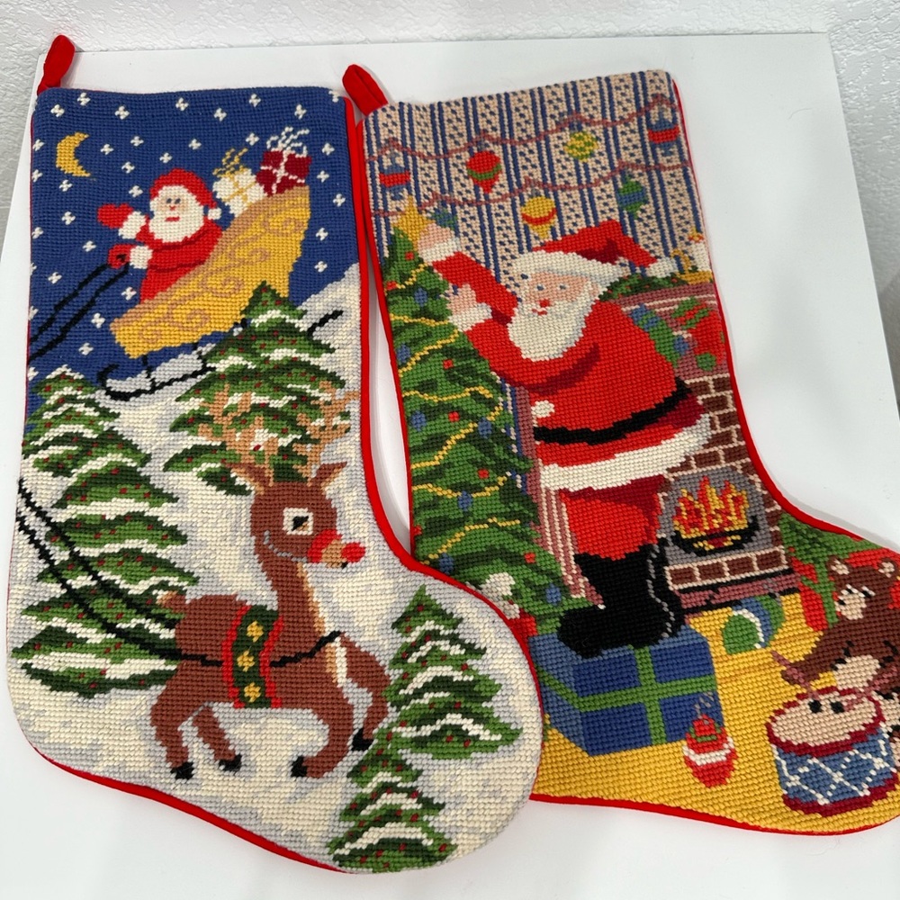 Vintage Needlepoint Christmas Stockings Set of 2 Santa and Reindeer